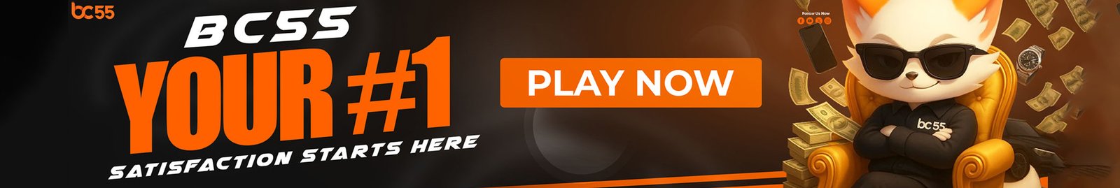 bc55 casino homepage banner with mascot and play now call-to-action